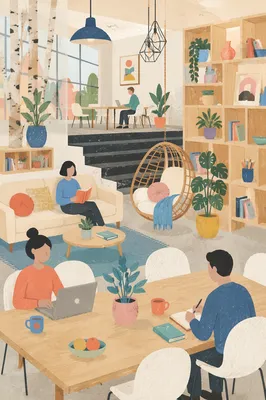 Bright Modern Coworking Lounge with Playful Decor