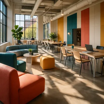 Modern Coworking Space with Colorful Furniture