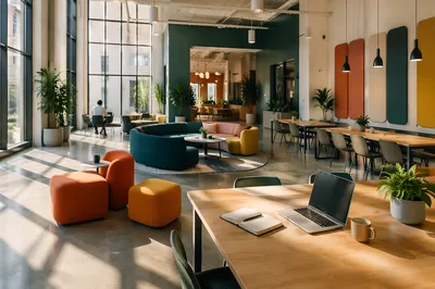 Modern Coworking Lounge with Colorful Furniture