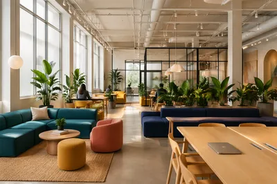 Modern Coworking Lounge with Colorful Furniture