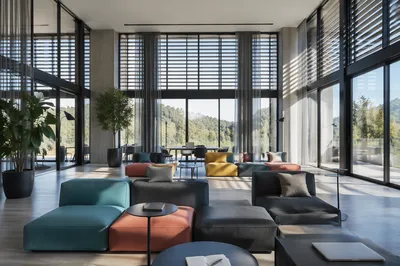 Modern Coworking Lounge with Colorful Seating