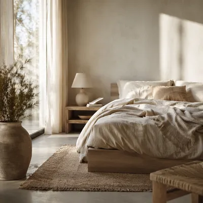 Serene Neutral Bedroom with Morning Light