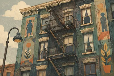 Urban Apartment Exterior With Metal Fire Escape