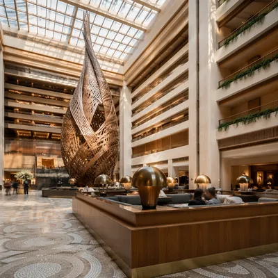 Sunlit Modern Atrium with Woven Sculpture
