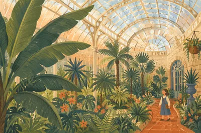 Victorian Greenhouse Interior with Lush Tropical Plants