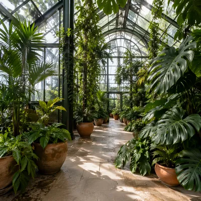Lush Tropical Greenhouse Interior with Morning Light