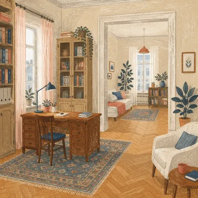 Airy Vintage Home Office with Bookshelves
