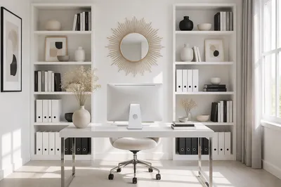 Bright Minimalist Home Office With Bookshelves