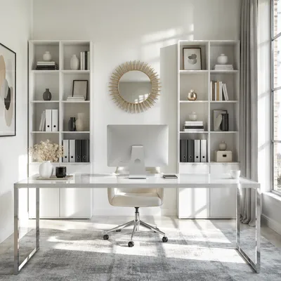 Bright Modern Home Office with Bookshelves