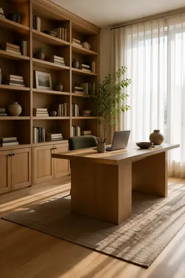 Calm Home Office with Built-In Bookshelves