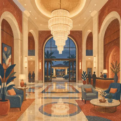 Grand Chandelier in Elegant Hotel Lobby
