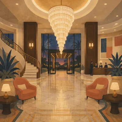 Grand Chandelier Hotel Lobby at Dusk