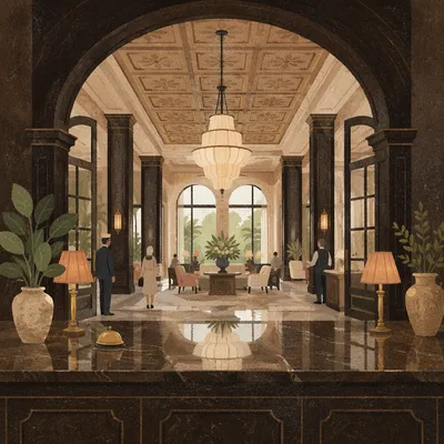 Elegant Hotel Lobby with Grand Chandelier