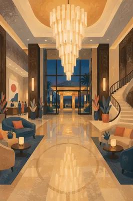 Elegant Hotel Lobby With Grand Chandelier