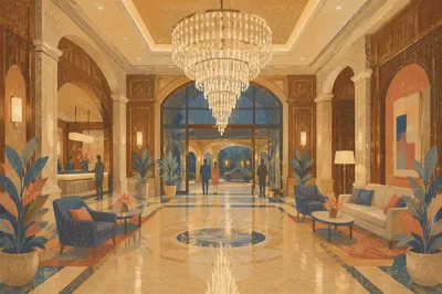 Grand Hotel Lobby Chandelier Entrance