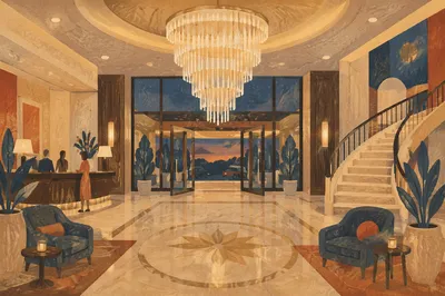 Grand Hotel Lobby With Crystal Chandelier