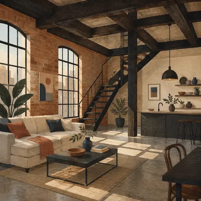 Industrial Loft Apartment with Exposed Beams