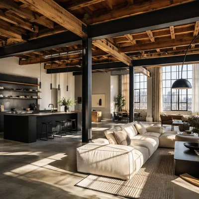 Modern Industrial Loft with Exposed Beams