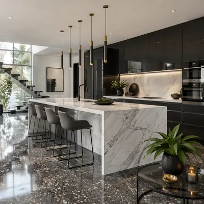 Modern White Marble Kitchen Island Interior