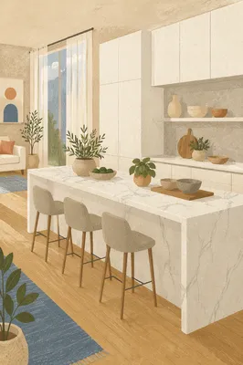 Serene Modern Kitchen with Marble Island
