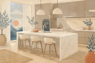 Modern White Marble Kitchen Island with Stools