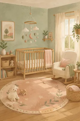 Serene Pastel Nursery with Wooden Crib