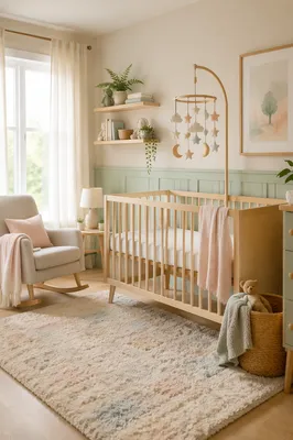 Pastel Nursery Room with Wooden Crib