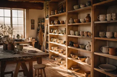 Warm Pottery Studio Shelves at Golden Hour
