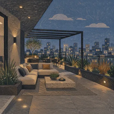 Elegant Evening Rooftop Terrace Skyline View