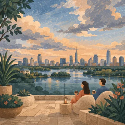 Evening Rooftop Terrace Over City Skyline