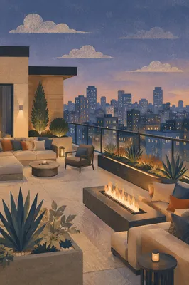 Elegant Rooftop Terrace at Evening Skyline
