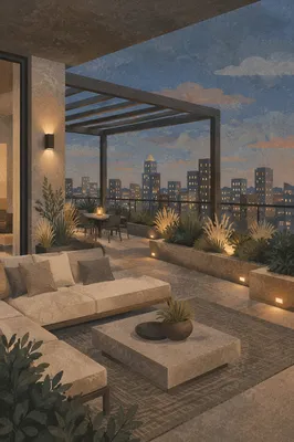 Elegant Rooftop Terrace at Evening Skyline