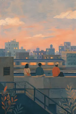 Contemplative Rooftop Terrace at Evening Skyline