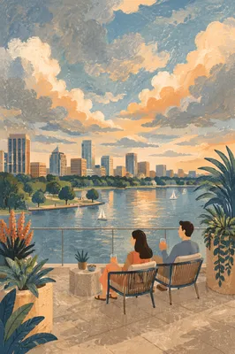 Evening Rooftop Terrace Over City Skyline