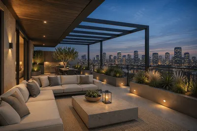 Elegant Rooftop Terrace Evening Skyline View