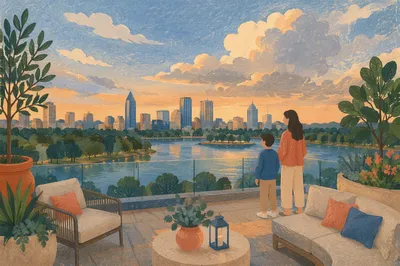 Evening Rooftop Terrace Over City Skyline