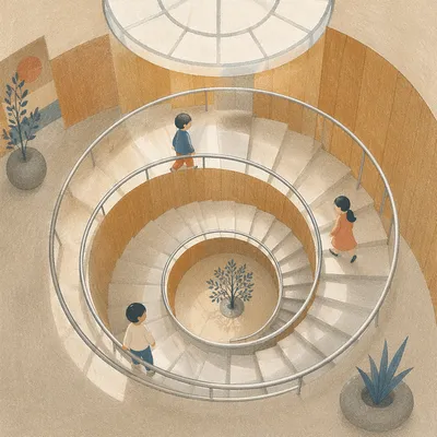 Modern Spiral Staircase Overhead Atrium View
