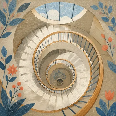 Modern Spiral Staircase Overhead Atrium View