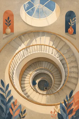 Modern Spiral Staircase Overhead Atrium View