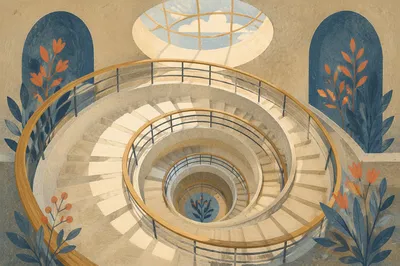 Modern Spiral Staircase Overhead Atrium View