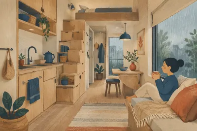 Smart Tiny House Interior on Rainy Morning
