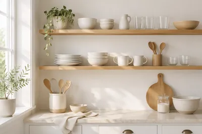 Serene White Kitchen Open Shelving Display