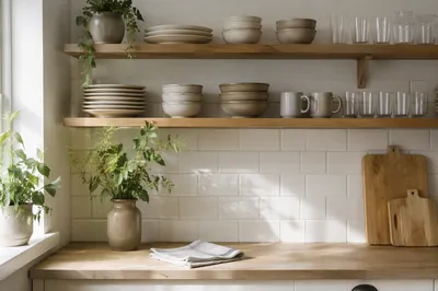 Bright White Kitchen Open Shelving Detail