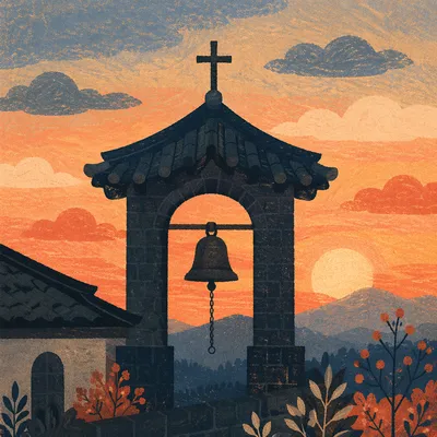 Korean Countryside Church Bell Tower at Dawn