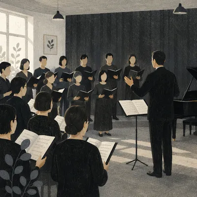 Korean Church Choir Rehearsal with Music Stands
