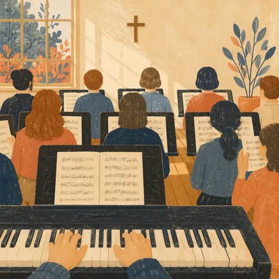 Korean Church Choir Rehearsal with Music Stands