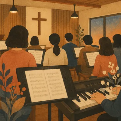 Korean Church Choir Rehearsal with Music Stands