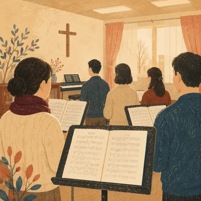 Korean Church Choir Rehearsal with Music Stands