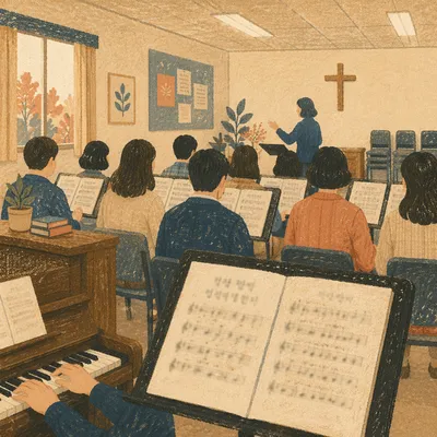 Korean Church Choir Rehearsal with Music Stands