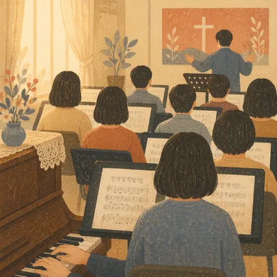 Korean Church Choir Rehearsal With Music Stands